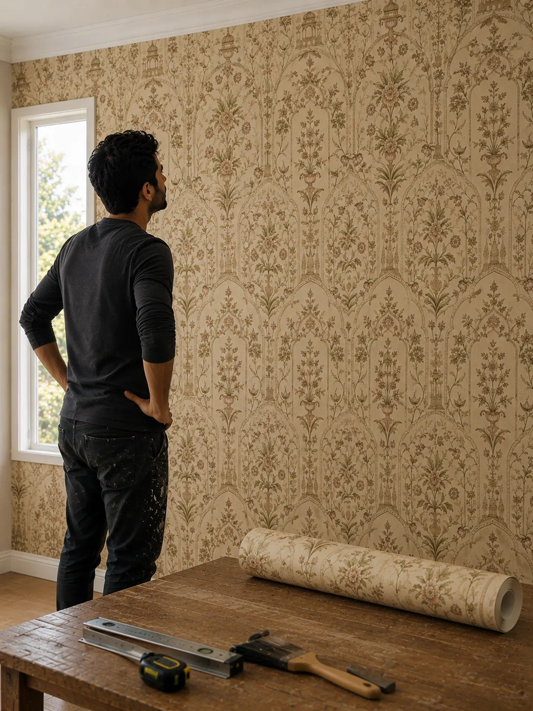 Botanical patterned wallpaper in a colorful interior