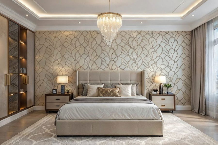 Designer wallpaper feature wall in a lounge interior