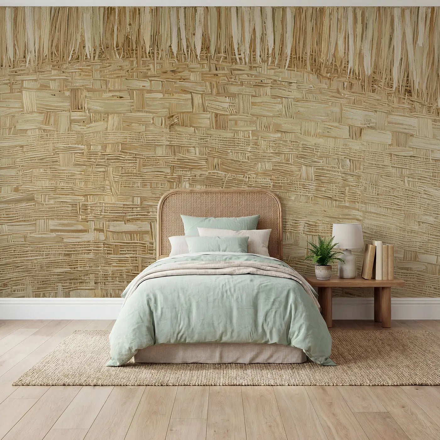 Woven linen-texture wallpaper in a bedroom