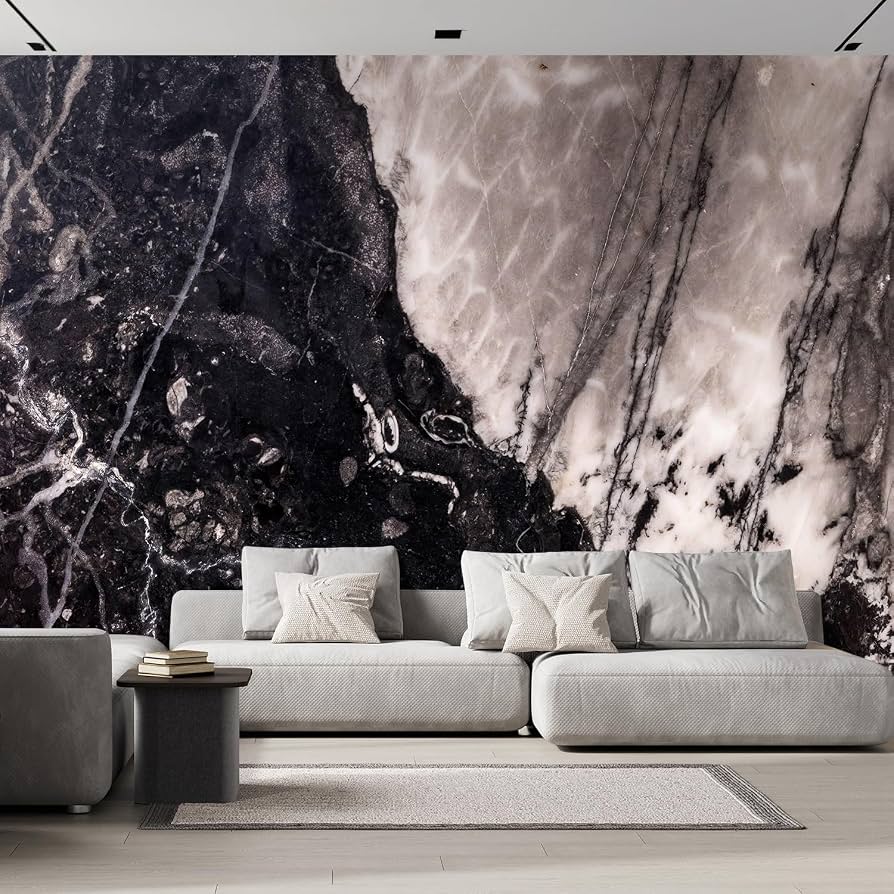 Marble-effect wallcovering behind a finished seating area