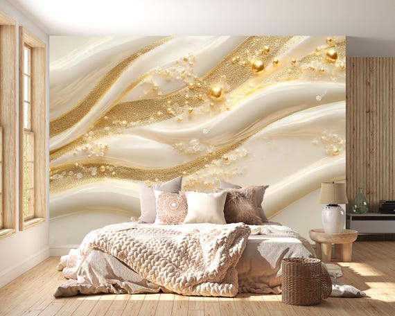 Pearl and gold wave wallpaper in an elegant bedroom