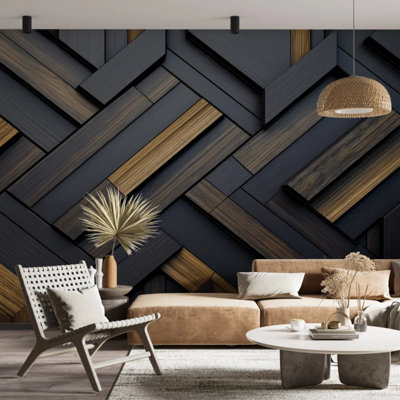Dark geometric wall mural in a contemporary living room